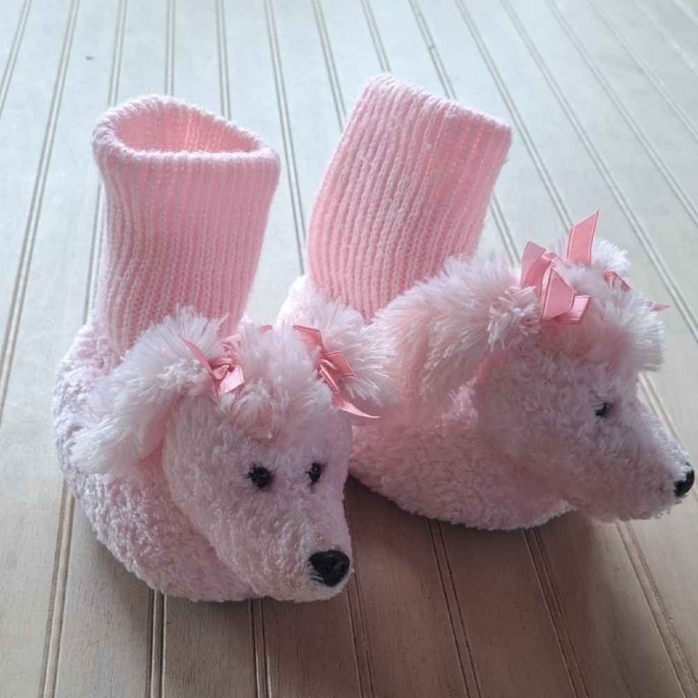 Adorable Pink Poodle Girl's Warm Sock Slippers Fun Playful Fluffy (Size 5-6)